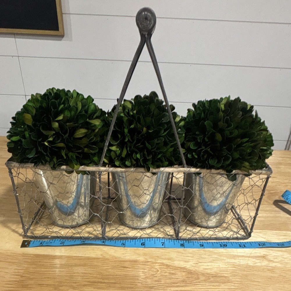 Artificial Boxwood Arrangement Rustic Wire Basket Caddy w/ 3 Metal Pots